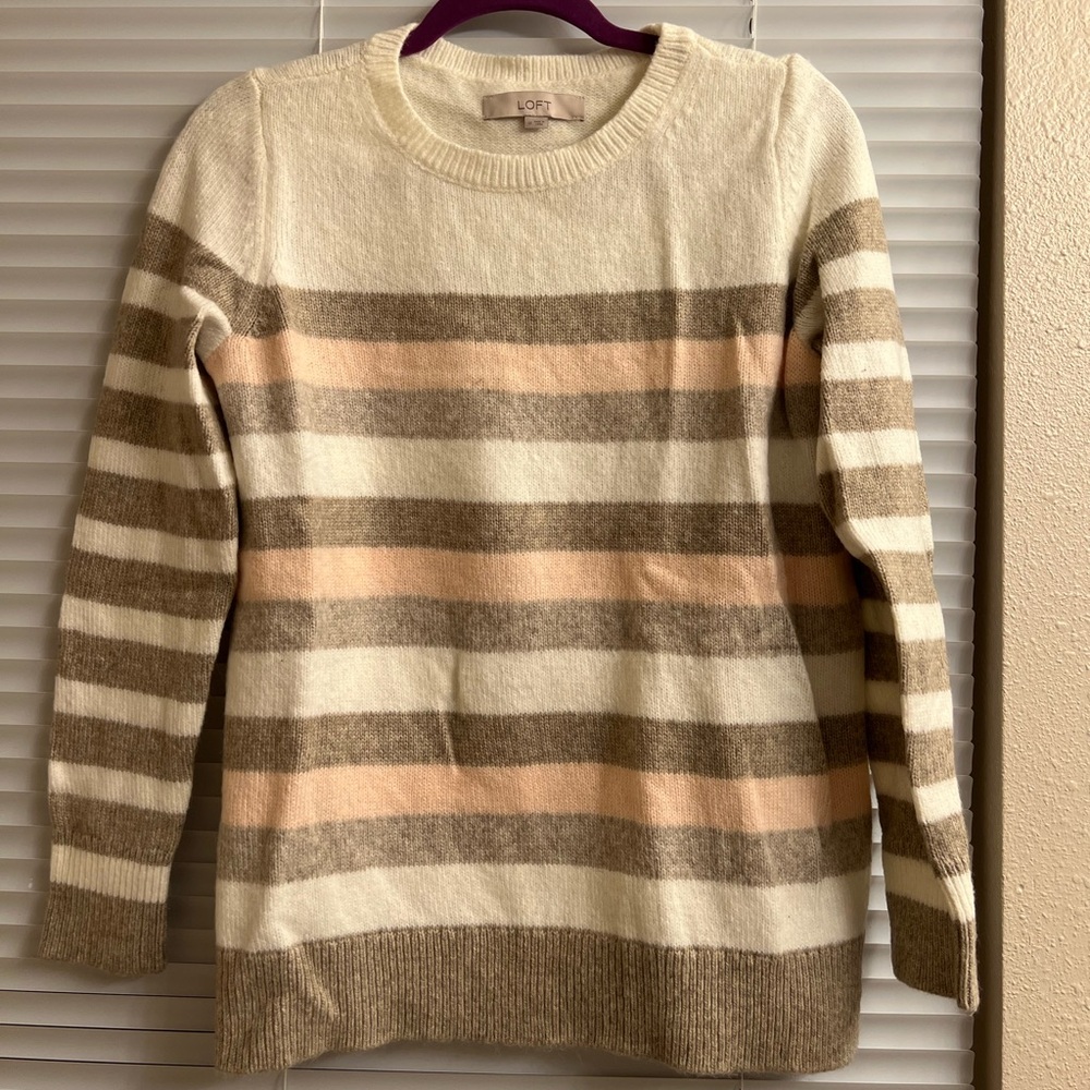 LOFT Women's Striped Sweater - Cream, Tan, and Pink